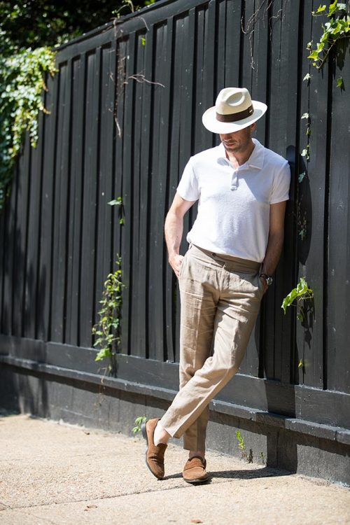 white polo and brown pants