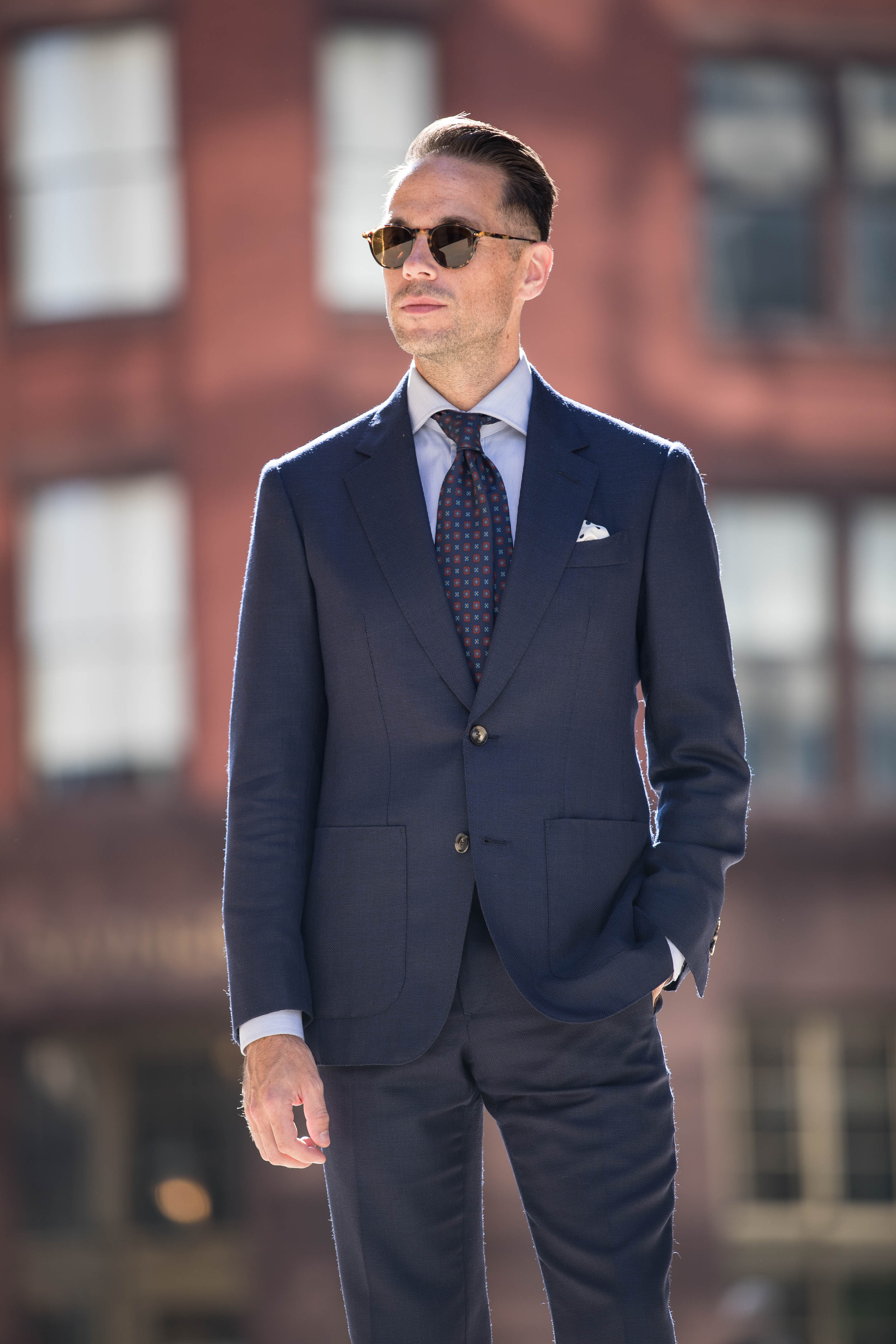 Navy Hopsack Suit With Blue Shirt Loafers And Silk Tie Outfit He