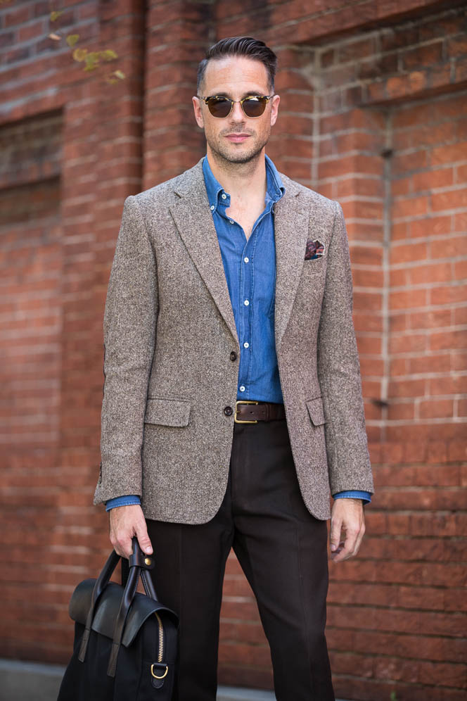 wearing-denim-shirt-with-tweed-blazer-mens-fall-outfit-ideas - He Spoke ...