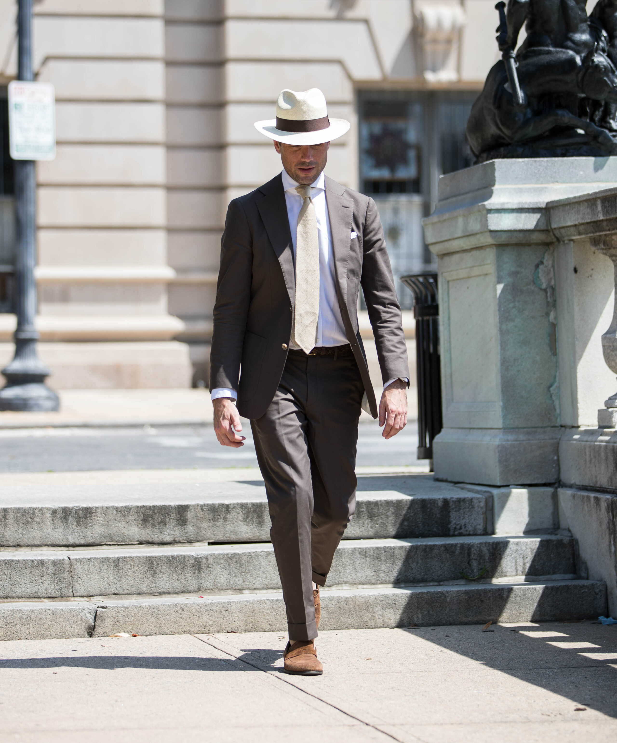 browncottonsuitwithpanamahatoutfitidea He Spoke Style
