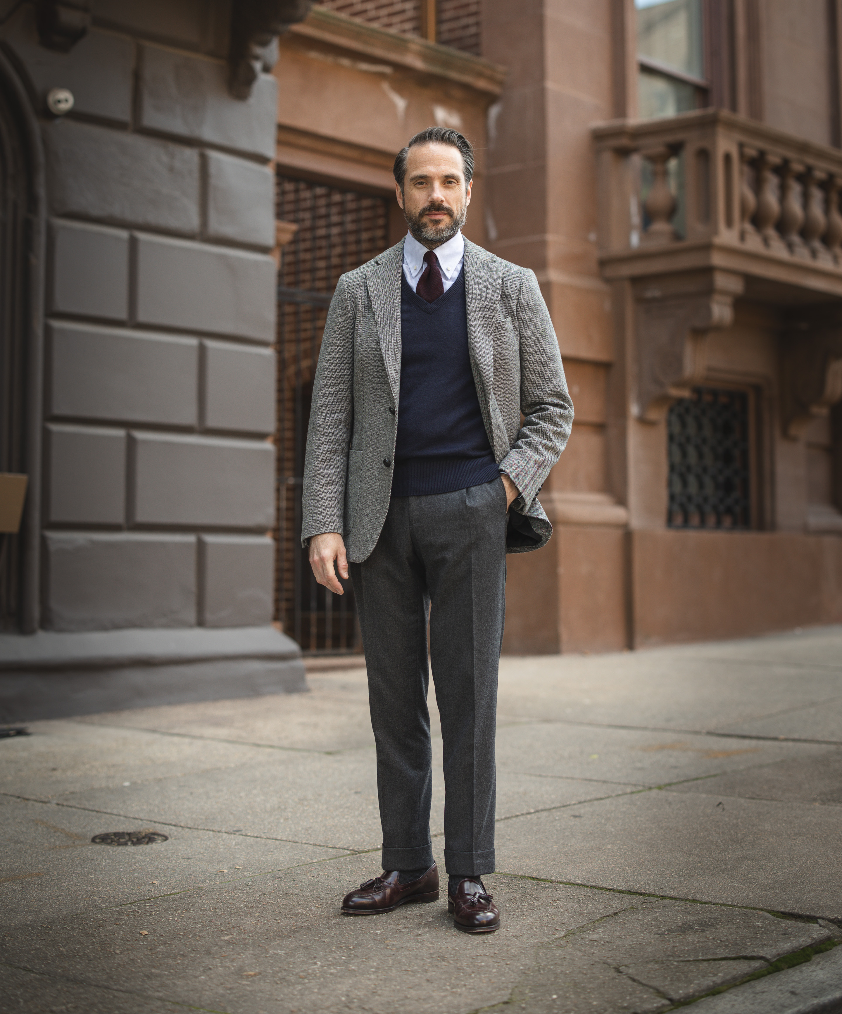 how-to-wear-gray-tweed-sport-coat-with-v-neck-sweater | He Spoke Style