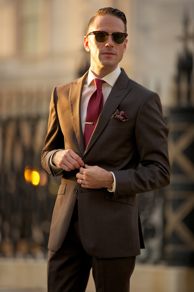 Brown Suit Burgundy Tie Pocket Square - He Spoke Style 