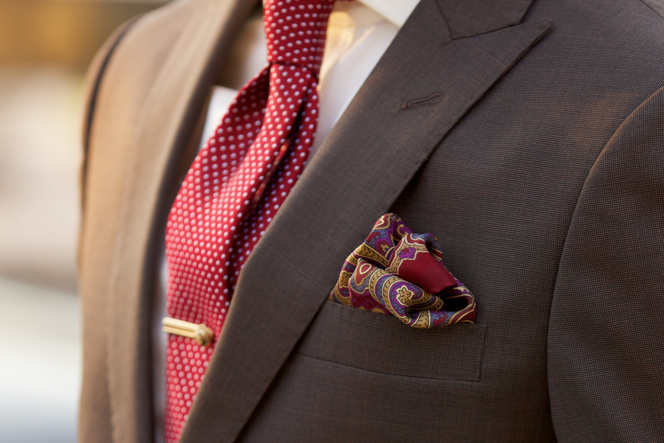 Brown Suit Burgundy Tie Pocket Square Alton Lane - He Spoke Style 