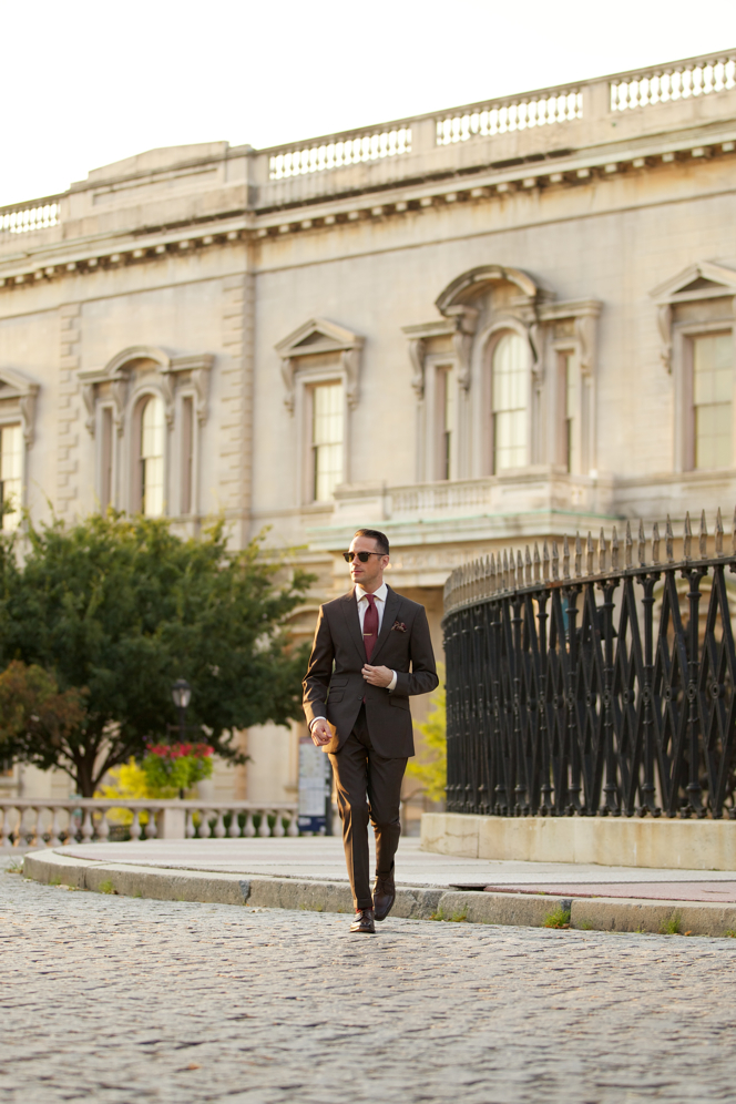 Brown Suit Burgundy Tie Pocket Square - He Spoke Style 