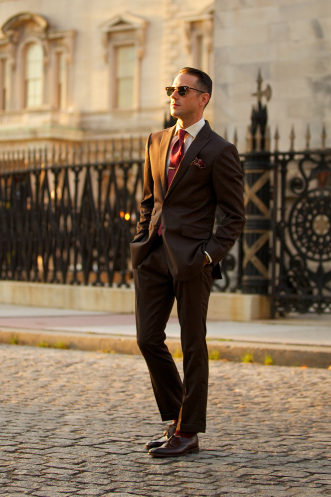 suit with burgundy shoes