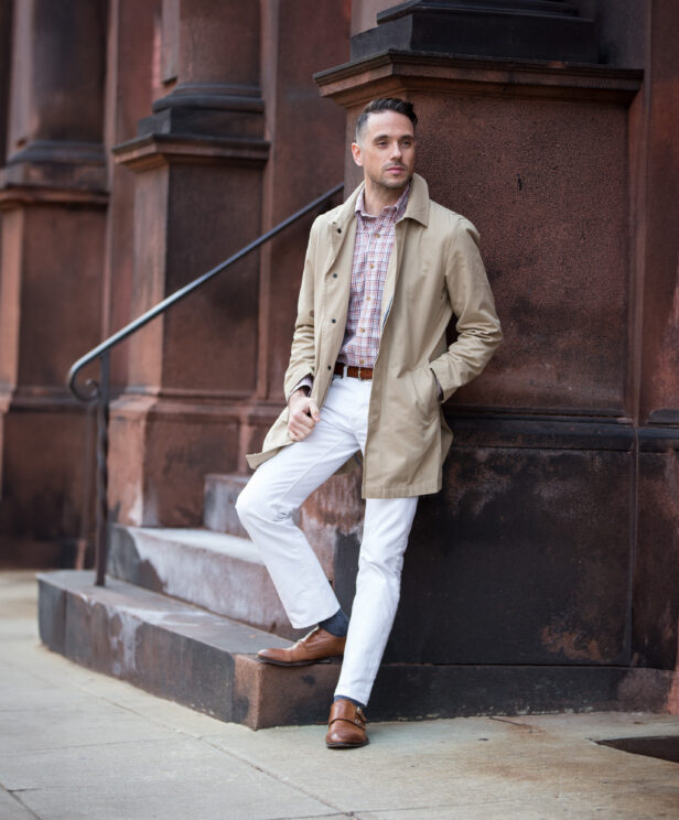 White Jeans with Khaki Trench Coat | He Spoke Style