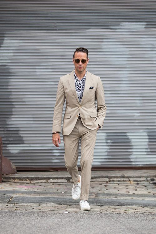 Khaki Suit, White Sneakers - He Spoke Style