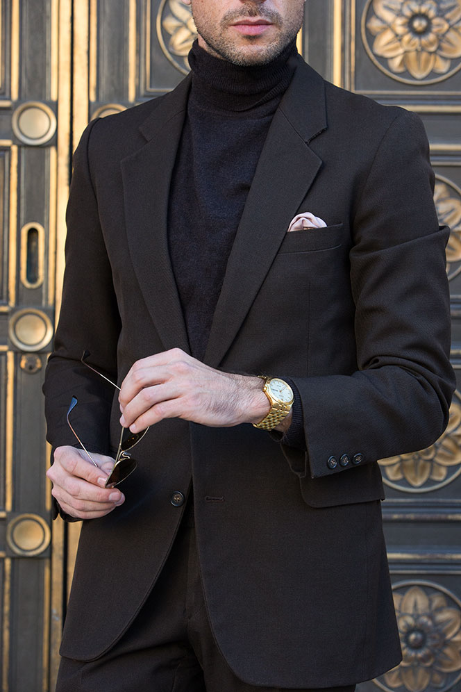 Dark Brown Suit with Layered Turtleneck Sweater - He Spoke Style