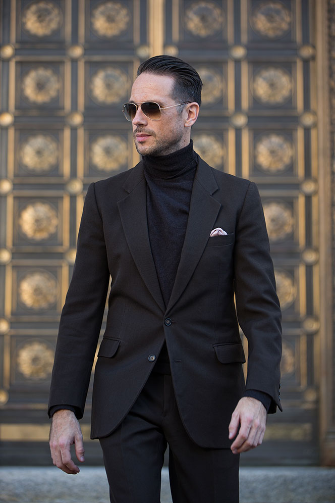 Dark Brown Suit with Layered Turtleneck Sweater - He Spoke Style