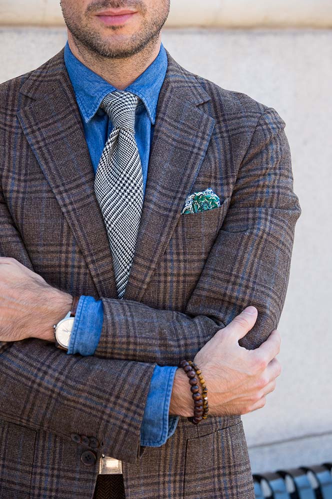 Men's Fall Outfit Idea Plaid Blazer with Denim Shirt and Tie - He Spoke Style