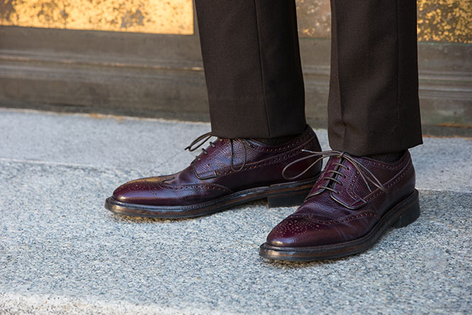 Oxblood Wingtip Silvano Sassetti Shoes with Dark Brown Suit Pants - He Spoke Style