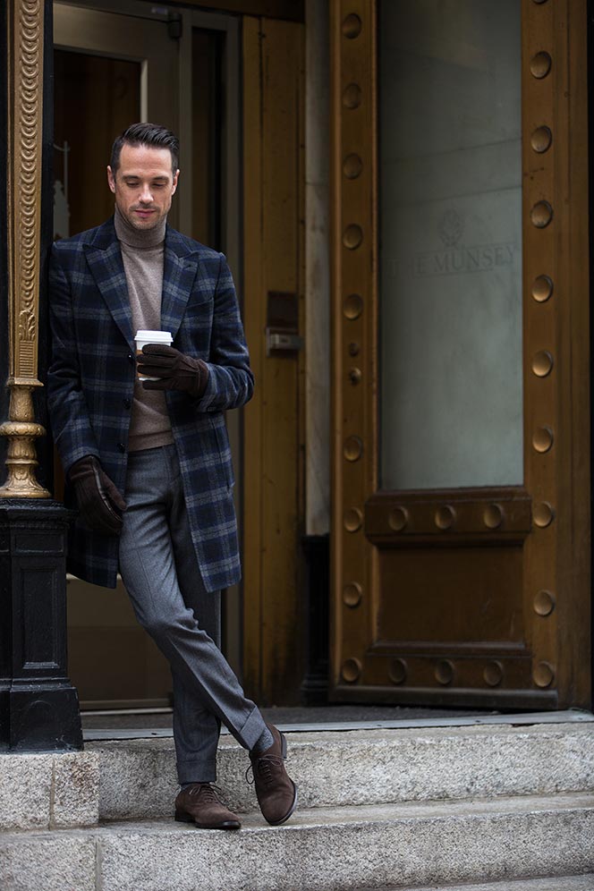 mens-outfit-ideas-winter-classic-style -plaid-overcoat-topcoat-tan-turtleneck-grey-pants-brown-suede-oxford-shoes  - He Spoke Style