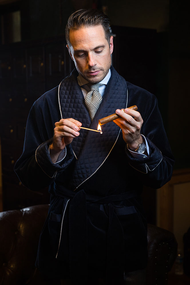 mens smoking jacket velvet robe shawl collar navy blue