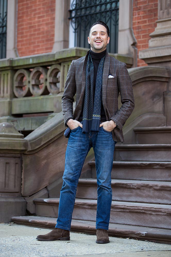 brown-turtleneck-silk-scarf-plaid-blazer-jeans-suede-boots-mens -spring-weekend-outfit-ideas-2016-7 - He Spoke Style