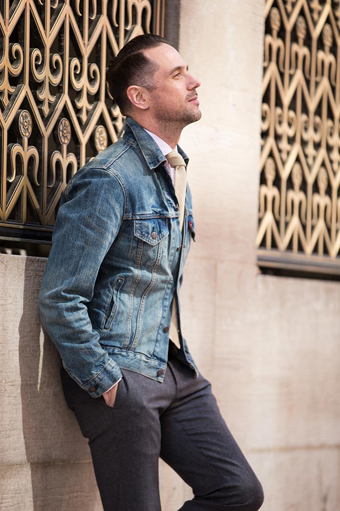 denim jacket with shirt and tie