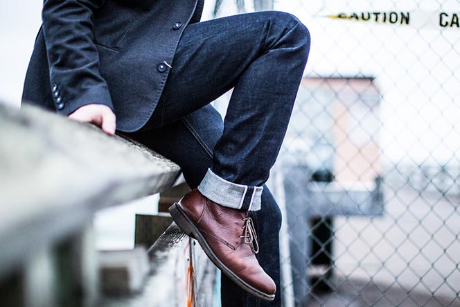 selvedge denim jeans with cuff oxblood chukka boots