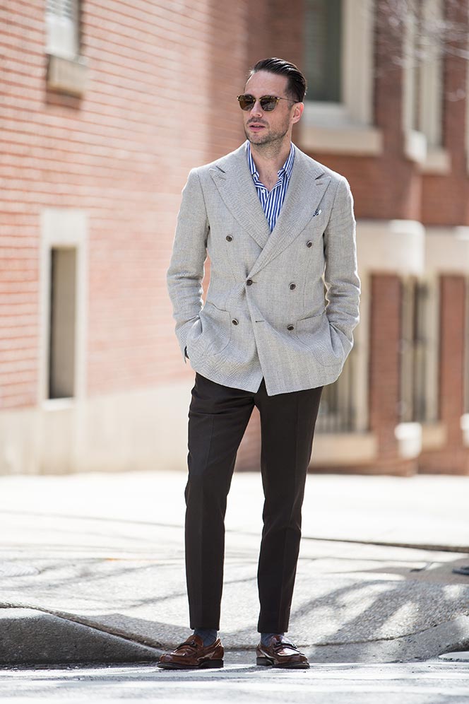 https://hespokestyle.com/wp-content/uploads/2016/04/tan-double-breasted-blazer-brown-pants-loafters-blue-striped-shirt-spring-outfit-ideas-men-1.jpg