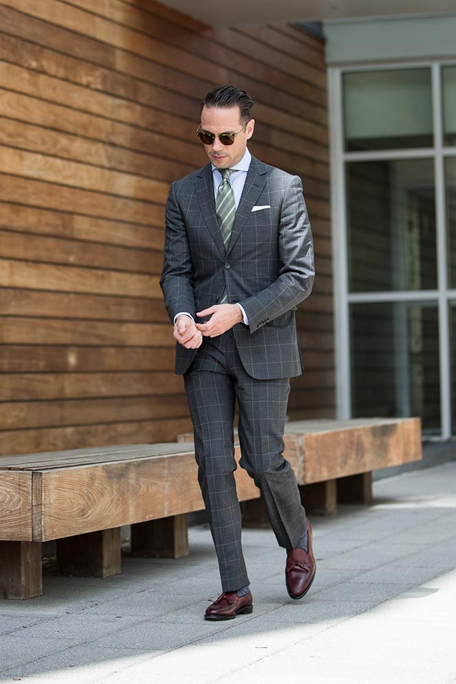 grey suit with loafers