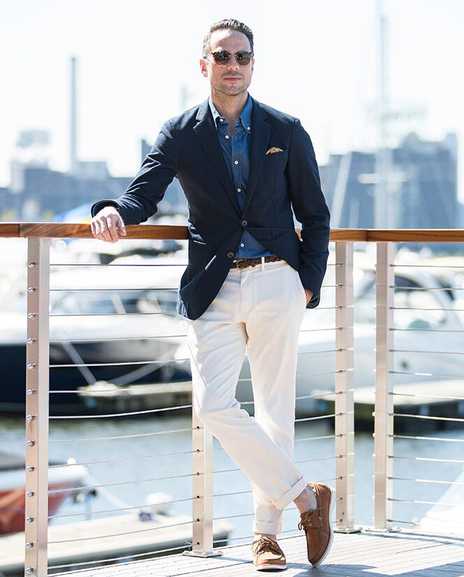https://hespokestyle.com/wp-content/uploads/2016/06/navy-blazer-denim-button-down-shirt-white-chinos-light-brown-boat-shoes-sharp-casual-nautical-summer-outfit-ideas-men-2-1-664x826.jpg