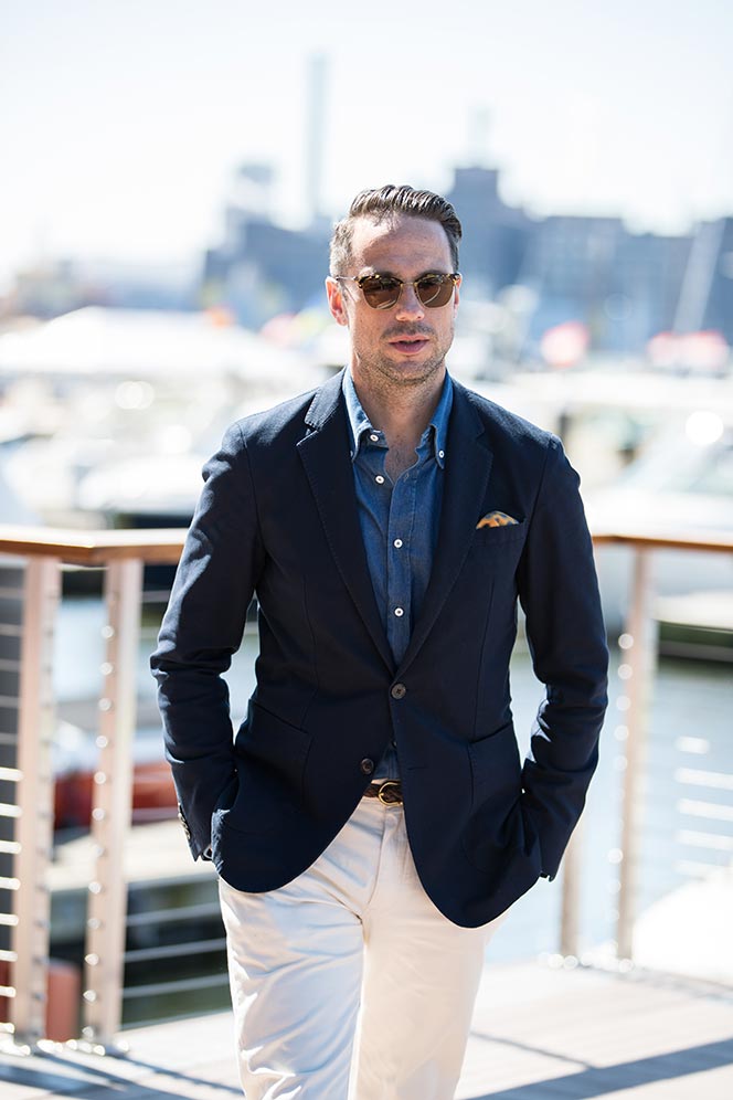 navy-blazer-denim-button-down-shirt-white-chinos-light-brown-boat-shoes -sharp-casual-nautical-summer-outfit-ideas-men-6 - He Spoke Style