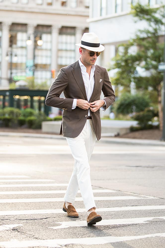 brown cotton blazer white pants shirt panama hat mens dapper summer outfit ideas 5