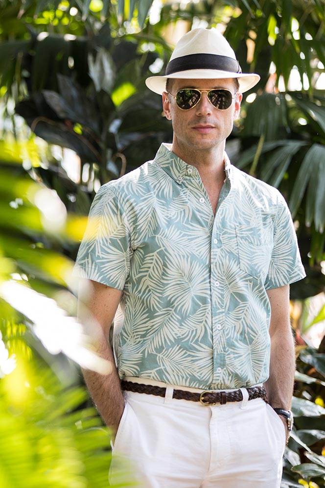 palm-tree-printed-shirt-white-shorts-panama-hat-tan-suede-loafers-mens-casual-summer-outfit-ideas-4