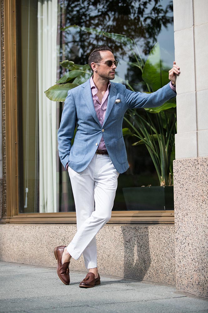 light-blue-linen-blazer-red-houndstooth-dress-shirt-white-cotton-pants-brown-leather-tassel- loafers-mens-summer-outfit-idea-10 - He