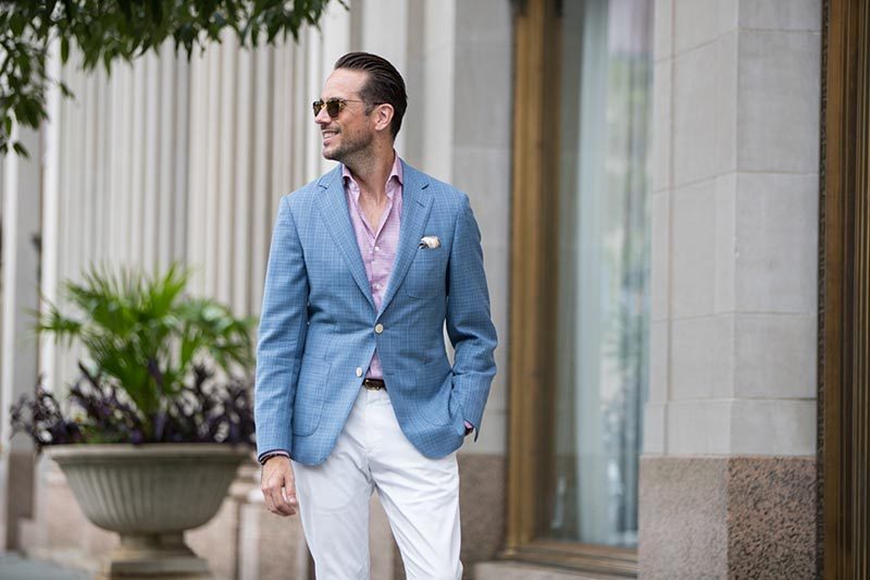 blue blazer with off white pants