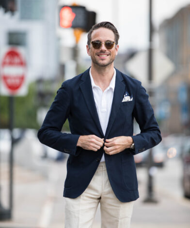 Navy Sport Coat with White Polo Shirt Outfit | He Spoke Style