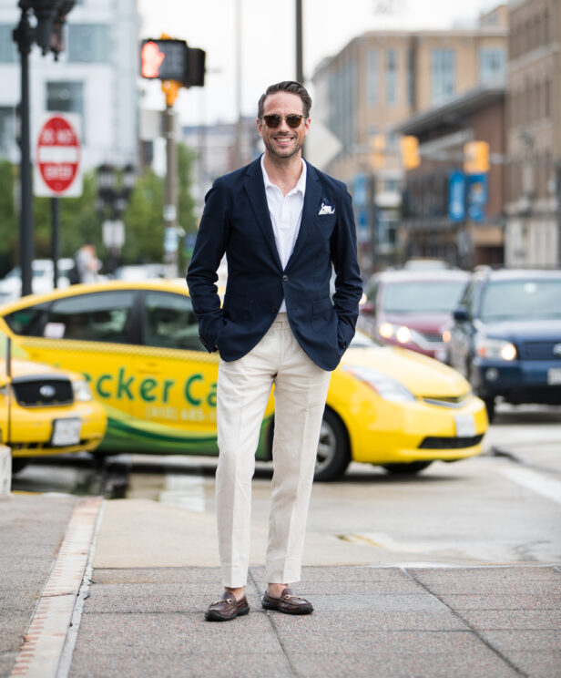Navy Sport Coat with White Polo Shirt Outfit | He Spoke Style