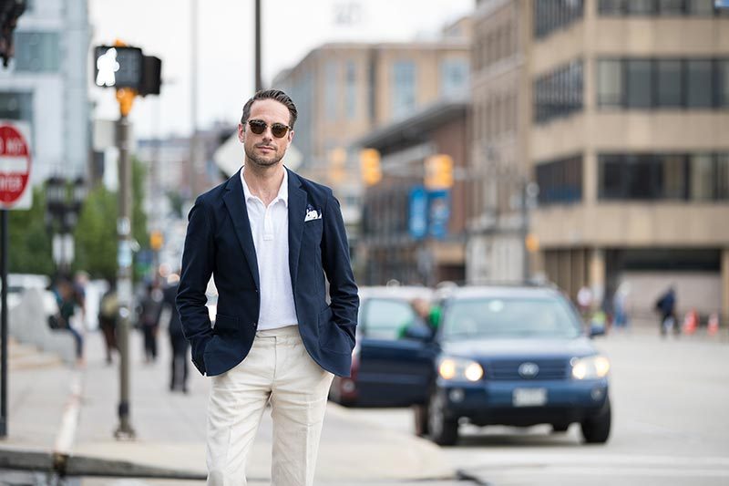 short sleeve polo with blazer