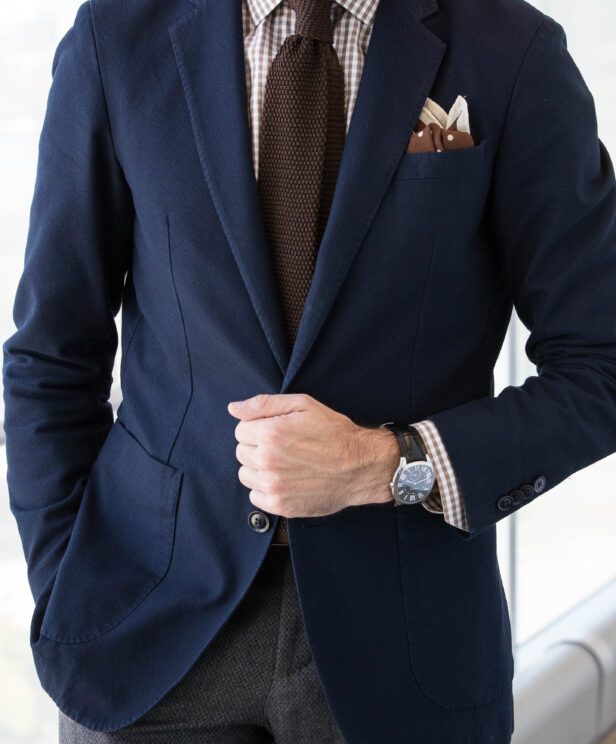 Navy Sport Coat with Brown Gingham Shirt and Tie | He Spoke Style