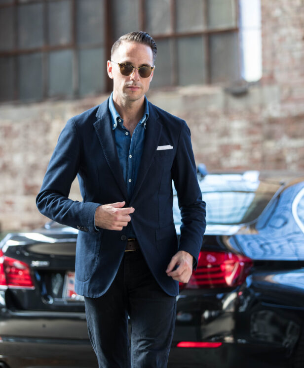 Navy Sport Coat with Denim Shirt and Black Jeans | He Spoke Style