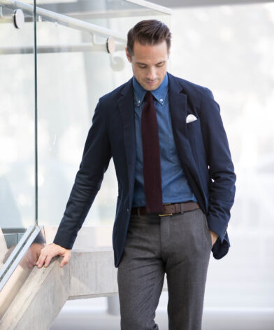 Navy Sport Coat with Denim Shirt and Burgundy Tie | He Spoke Style