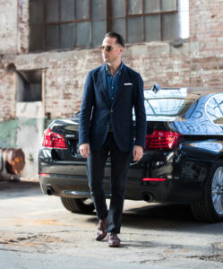 Navy Sport Coat with Denim Shirt and Black Jeans | He Spoke Style
