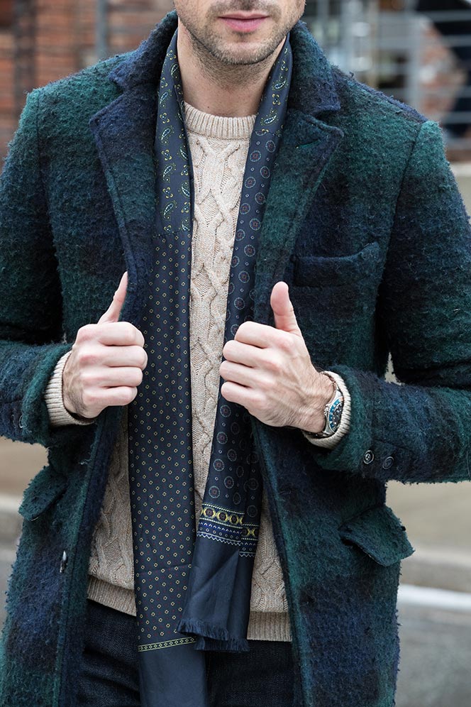 bolied-wool-tartan-plaid-top-coat-overcoat-jacket-with-cable-knit-sweater-jeans-casual-christmas-party-attire