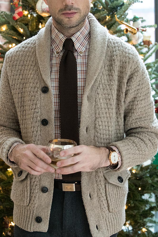 brown-silk-knit-tie-with-plaid-button-down-shirt-and-chunky-shawl-collar-cardigan-party-attire-new-years-eve