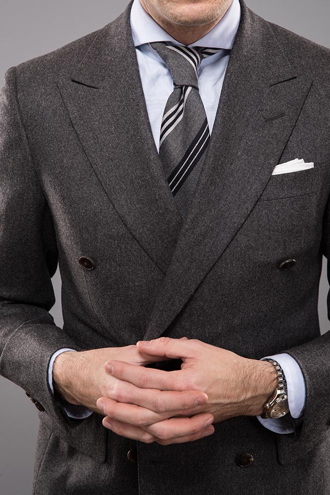 grey-flannel-double-breasted-suit-jacket-striped-tie-spread-cutaway-collar-shirt-deatils-peak-lapel