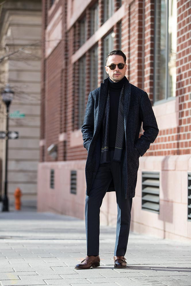 all-navy-blue-winter-outfit-idea-with-scarf-coat-turtleneck-sweater-pants-monk-strap-shoes-5