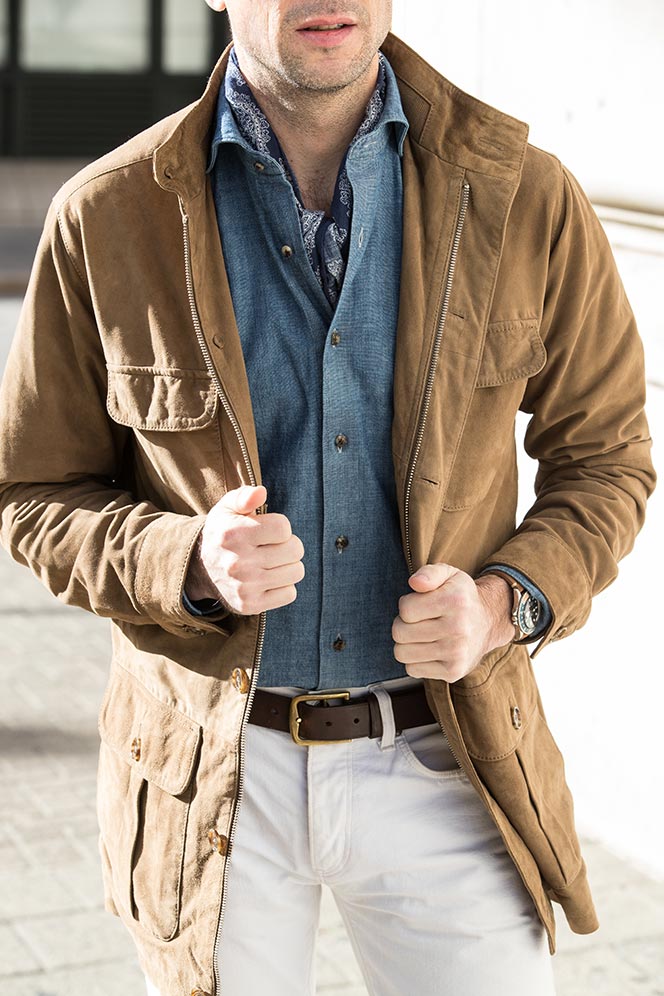 tan-suede-safari-jacket-denim-shirt-white-jeans-mens-outfit-idea-spring-style-essentials
