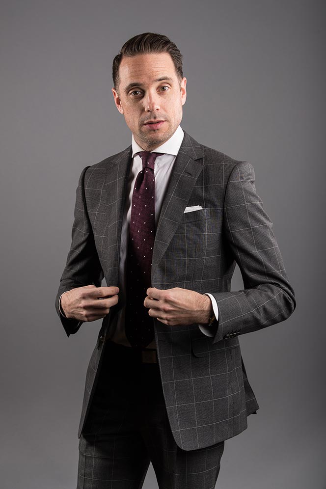 grey-windowpane-suit-red-dot-flap-pockets-mens-business-outfit-ideas