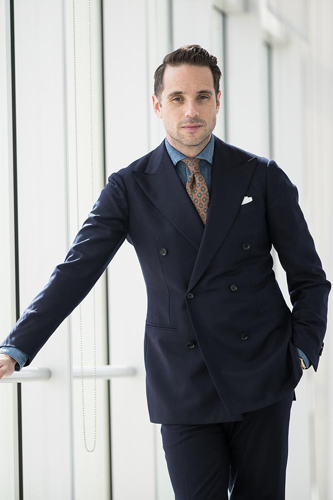 navy-double-breasted-suit-denim-shirt-orange-tie-mens-spring-work-business-outfit-ideas-11