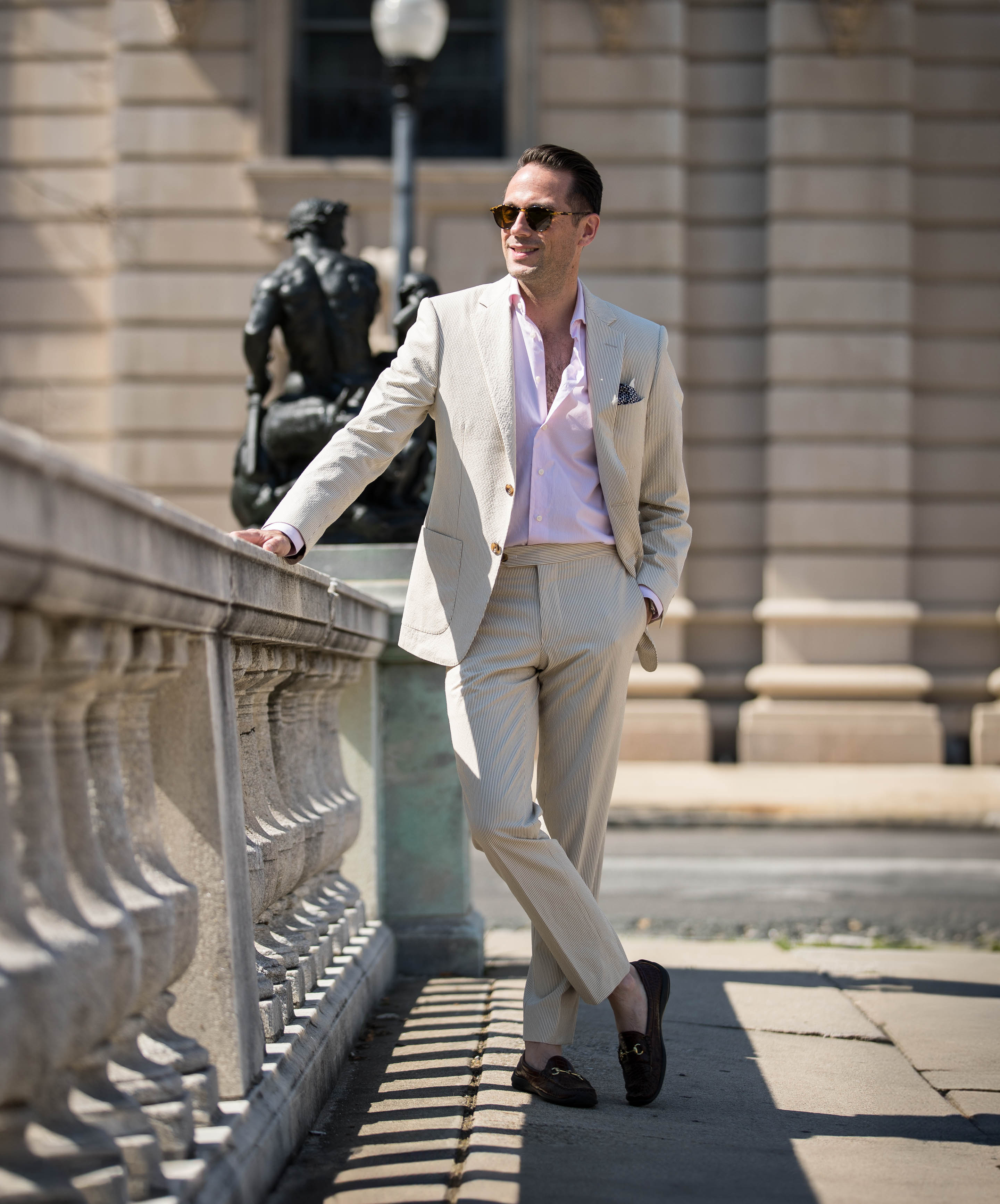 cream-seersucker-suit-with-pink-dress-shirt-outfit-idea | He Spoke Style