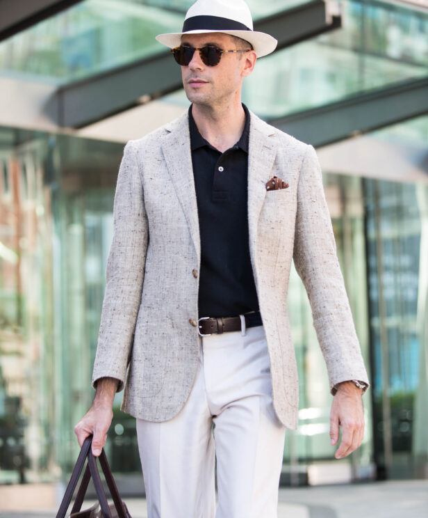 Linen Sport Coat with Black Polo Shirt and Panama Hat | He Spoke Style