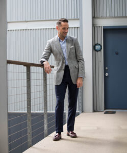 Gray Plaid Sport Coat with OCBD and Navy Pants | He Spoke Style