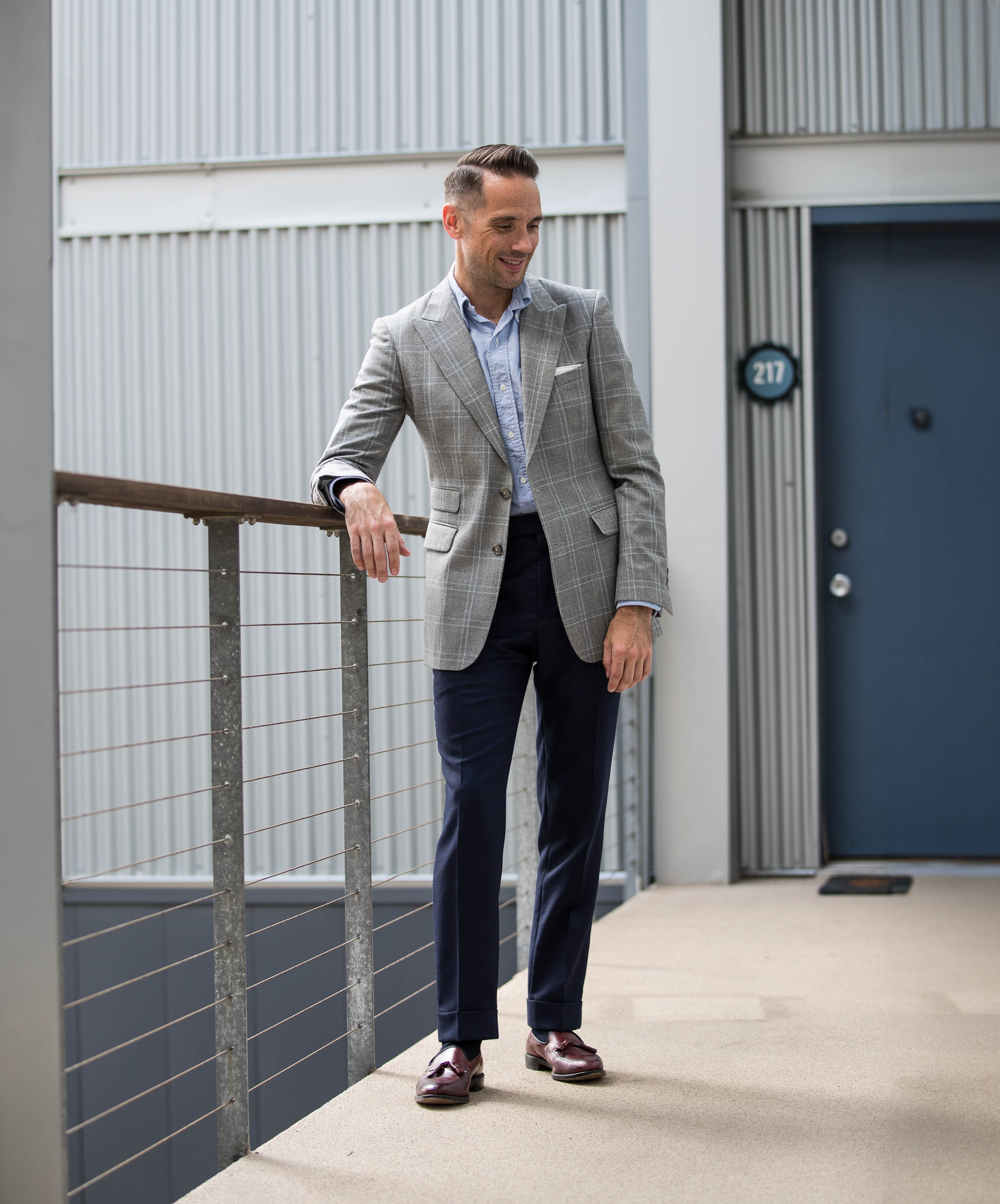 gray-plaid-sport-coat-with-ocbd-and-navy-pants-outfit-idea | He Spoke Style