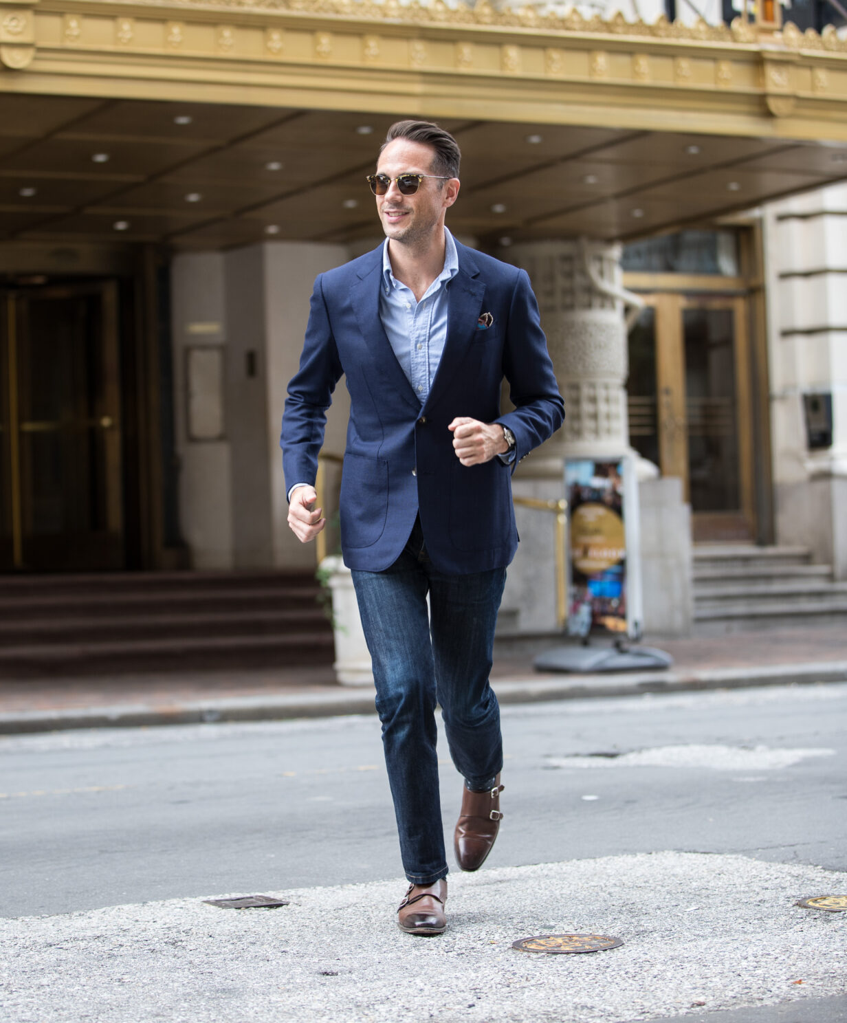 Navy Hopsack Sport Coat with Jeans and OCBD | He Spoke Style