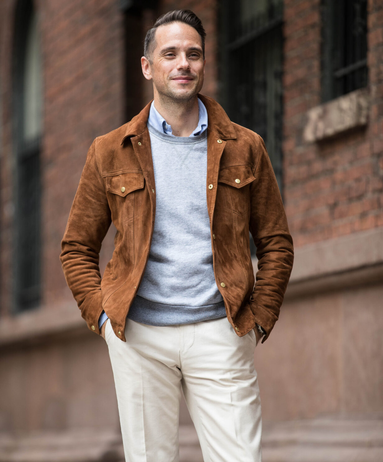 Suede Trucker Jacket with Sweatshirt and Chinos