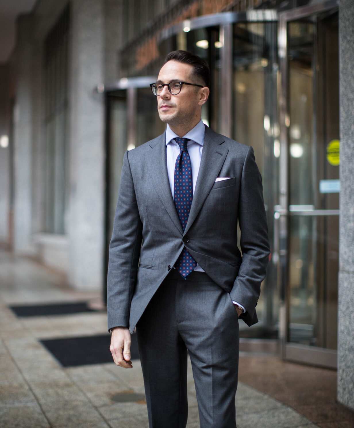 Men's Grey Suit, Blue Vertical Striped Dress Shirt, Charcoal Tie, Burgundy  Pocket Square | Lookastic