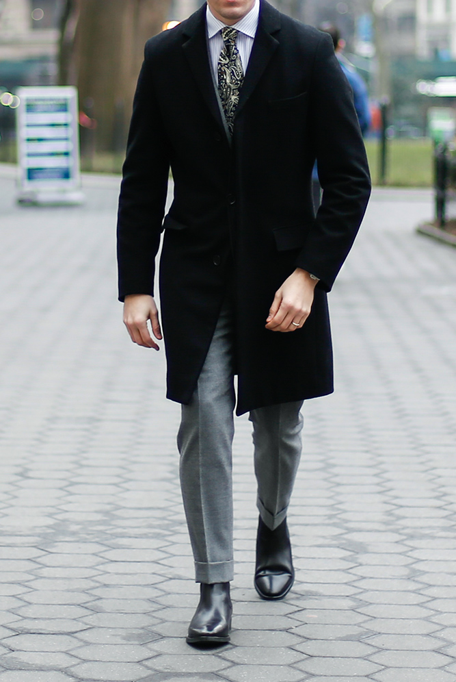 grey suit black boots